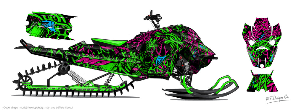 Colorful snowmobile design with green, pink, and black patterns on a white background