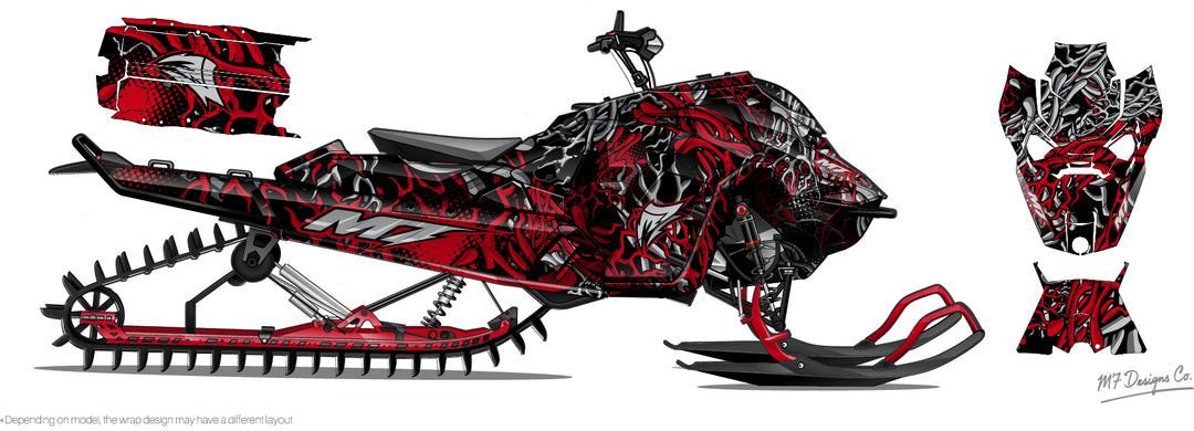 Red and black snowmobile graphic design with additional elements on a white background