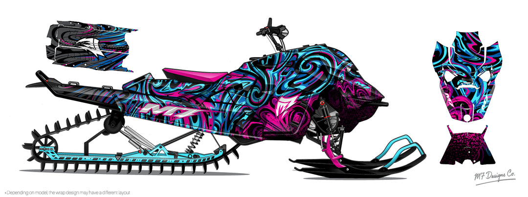 Colorful snowmobile wrap design with abstract patterns on a white background