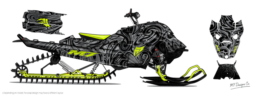 Decorative snowmobile design with tribal patterns and bright green accents on a white background.