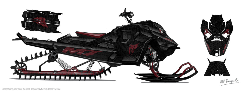 Gator Skin Black and red snowmobile with additional parts on a white background