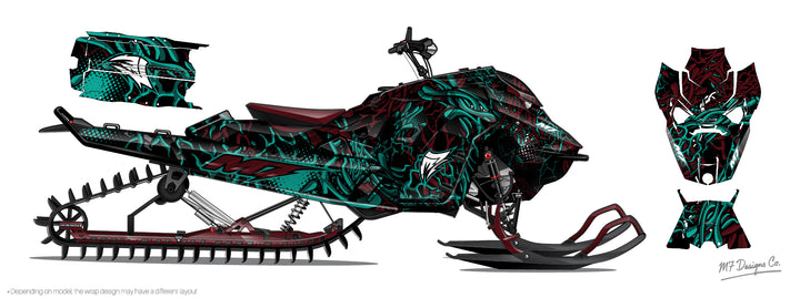 Decorative snowmobile with green and black design on a white background