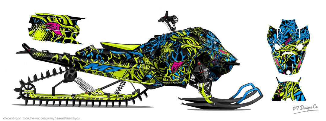 Colorful snowmobile with graphic design on a white background