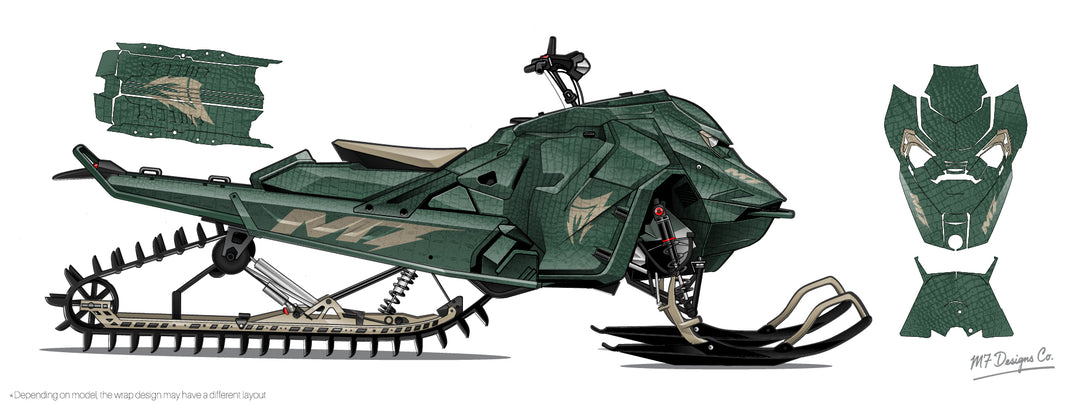 Green Gator Skin snowmobile with detailed design on a white background
