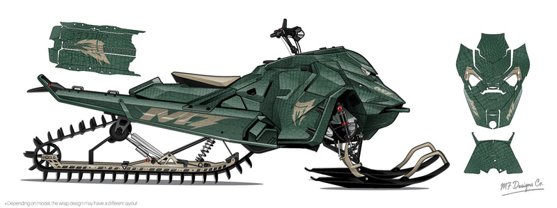 Green Gator Skin snowmobile with detailed design on a white background