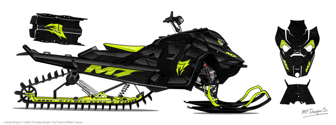 Black snowmobile with green accents and 'M7' branding on a white background