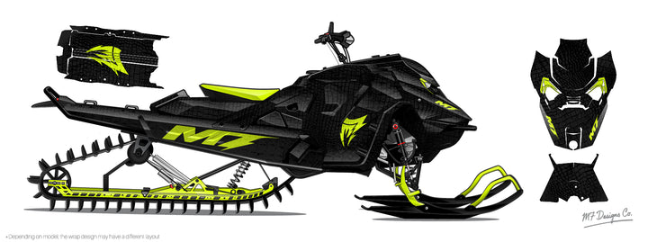 Black snowmobile with green accents and 'M7' branding on a white background
