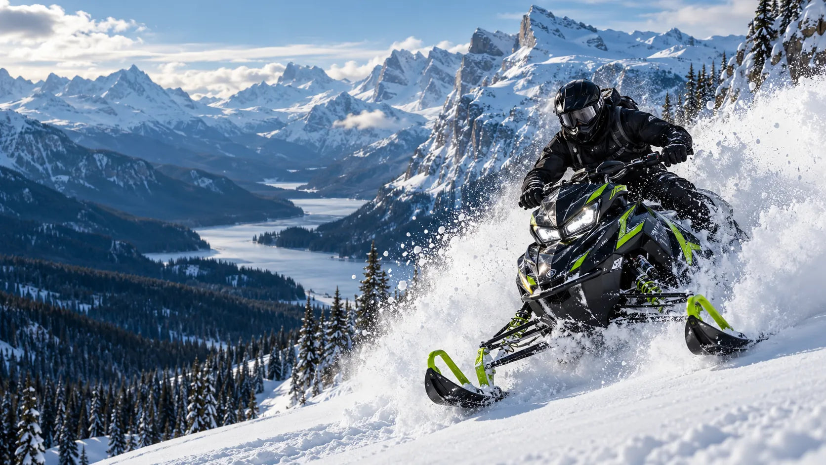 Snowmobile rider in mountain powder