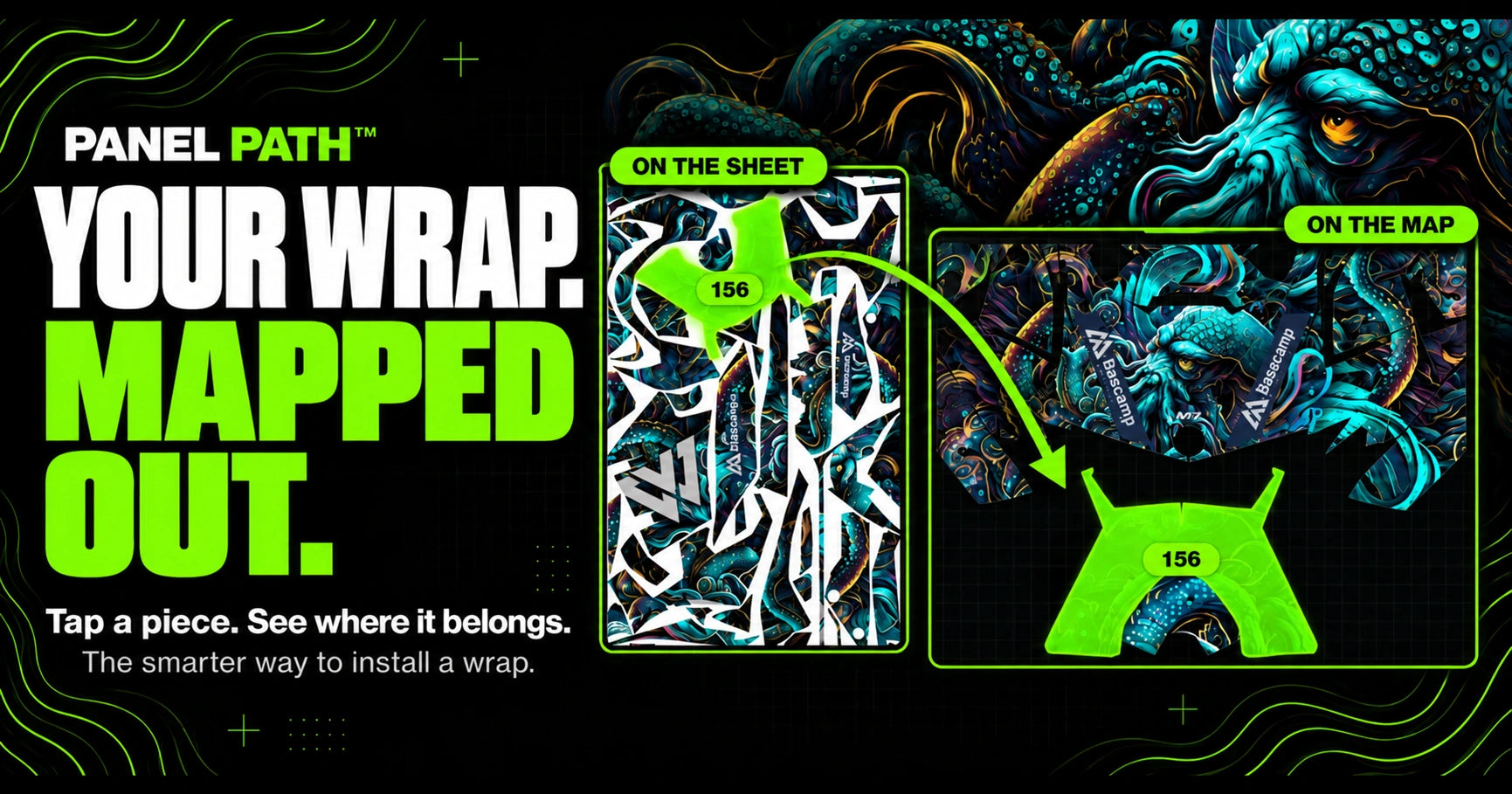 M7 PANELPATH: Your wrap, mapped out. Panel 156 on a printed sheet is linked to its position on the install map.