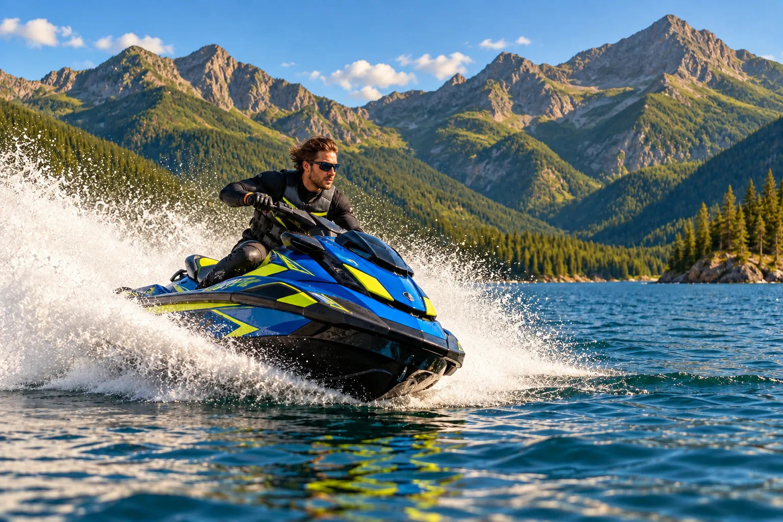 Watercraft rider on a summer alpine lake